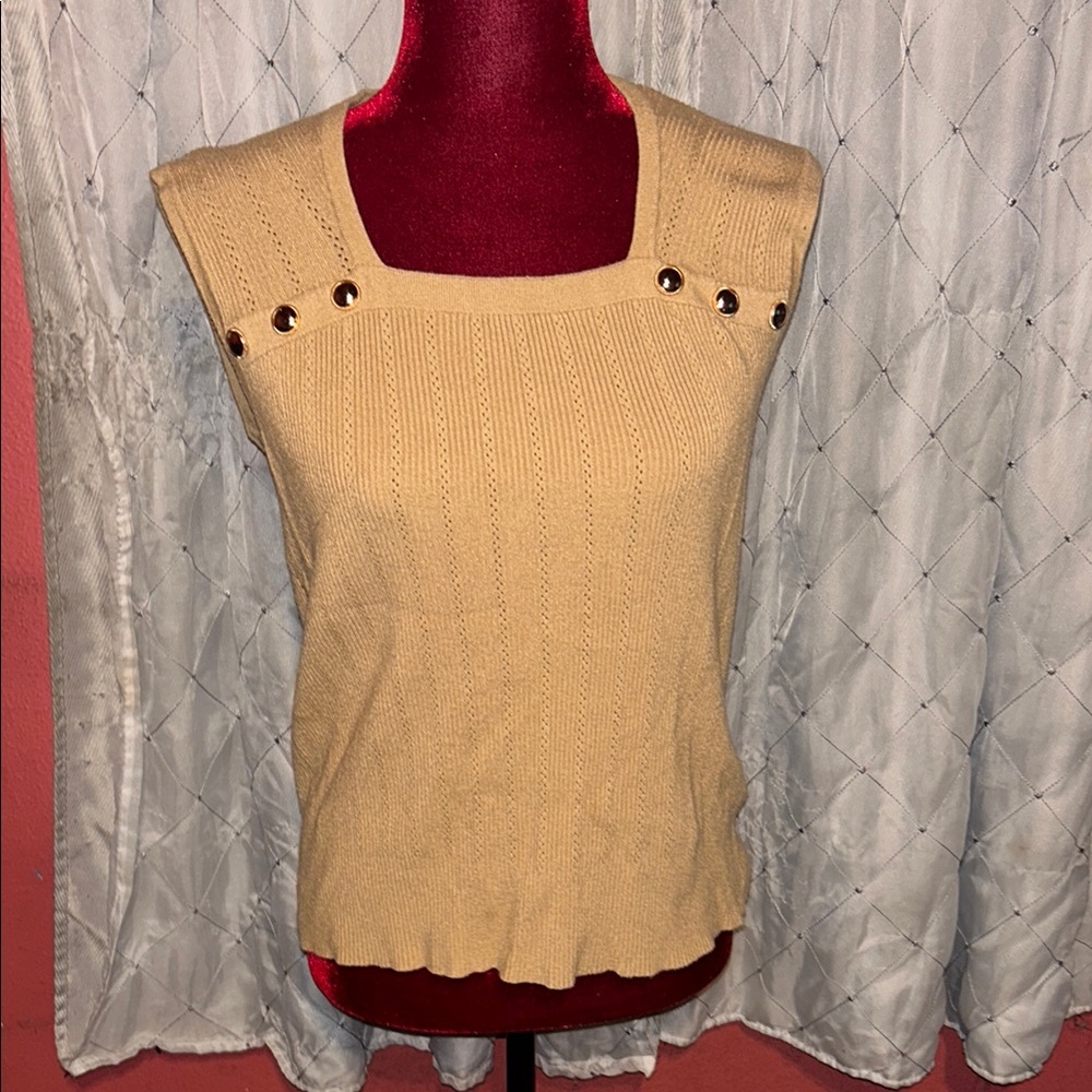 Beige Sleeveless Knit Top with Button Accents